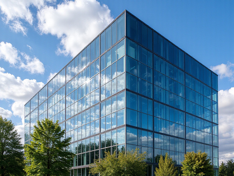 Modern office building with glass facade in Geneva financial district
