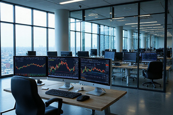 Modern office space with investment charts on screens