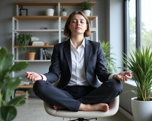 Mindful leader meditating in a peaceful office environment